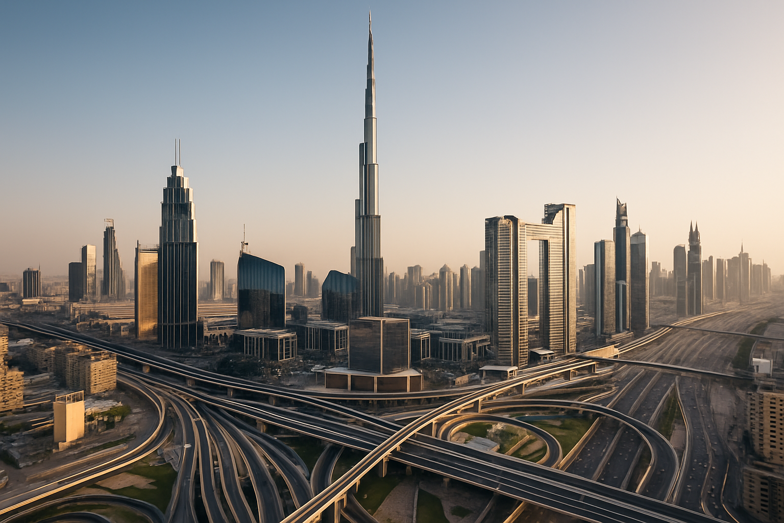 Dubai skyline with integrated road network