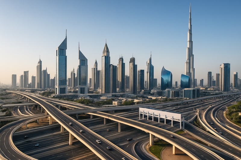 Dubai skyline with modern highways and toll road infrastructure Dubai skyline with modern highways and toll road infrastructure